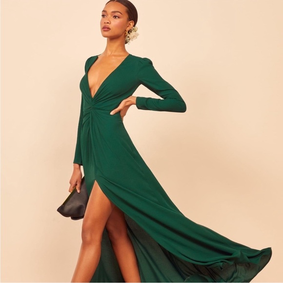 Reformation Gatsby Dress emerald dark green Size 2 deep v neck - Picture 4 of 12